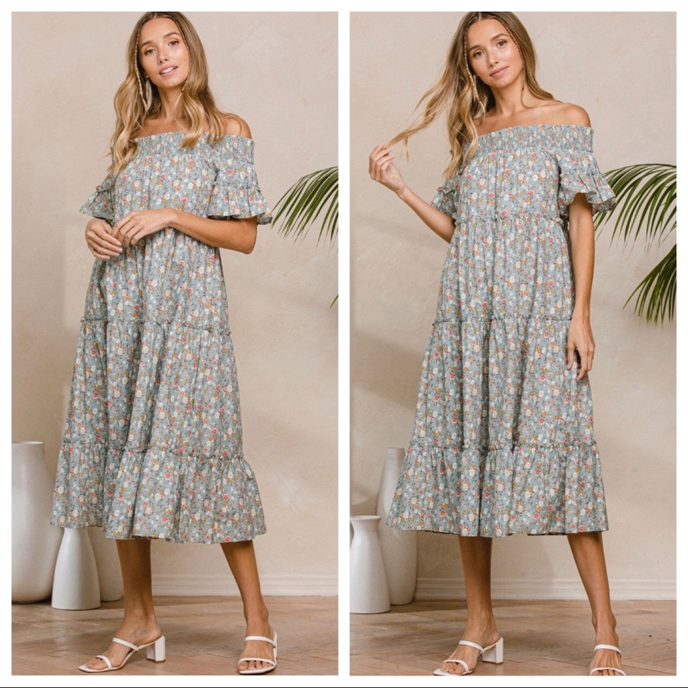 Boho Chic Off The Shoulder Floral Midi Dress - Picture 4 of 5